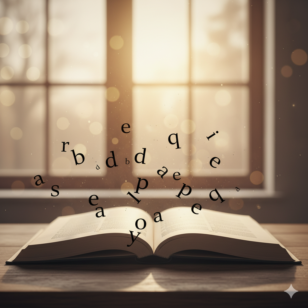 Libro con letras flotando, representando el aprendizaje multisensorial