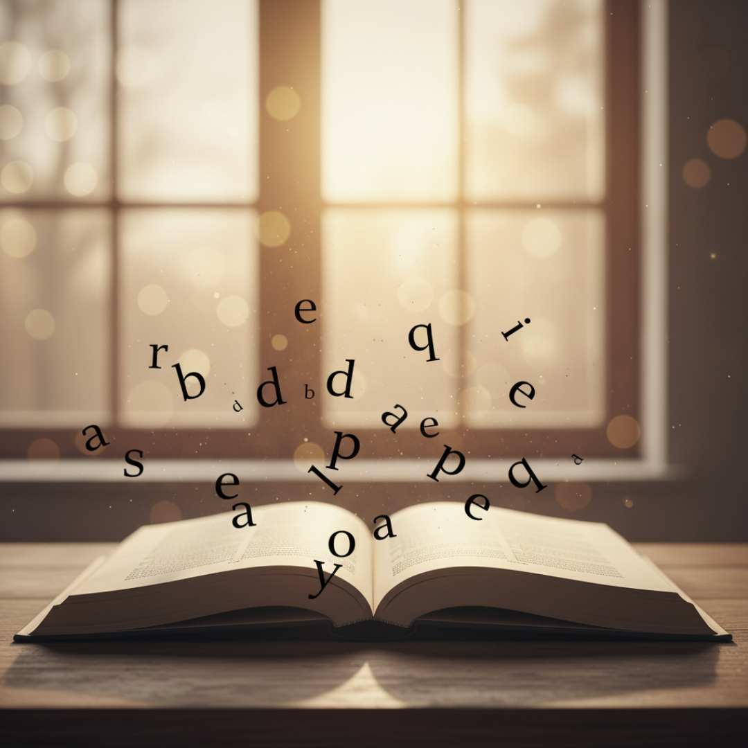 Libro con letras flotando, representando el aprendizaje multisensorial