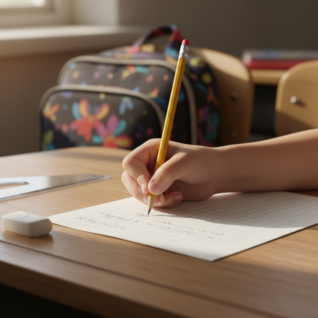 Niño escribiendo con concentración